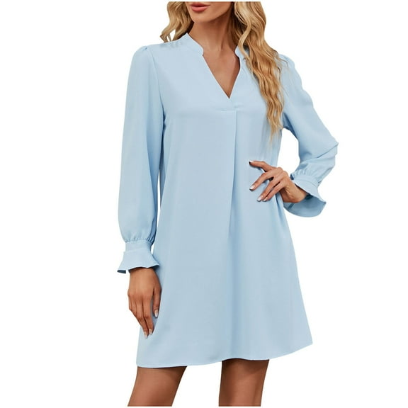 FAIWAD Elegant Long Sleeve Dress for Women V Neck A-Line Mini Dress Summer Casual Flowy Work Dress
