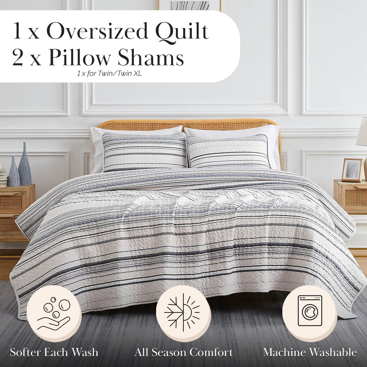 Southshore Fine Living, Inc. Oversized Queen Quilt Set, Striped Grey Quilt Bedspread Queen or Full, 3-Piece Coastal Bedding Set with Quilt and 2 Matching Shams, Soft Microfiber Quilt, Grey Stripes
