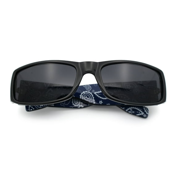 Mens Narrow Rectangle Cholo Gangster All Black Plastic Sunglasses Black Blue Bandana Arm - Black