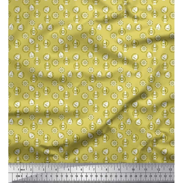 Soimoi Poly Georgette Fabric Lighthouse,Ship Wheel & Sailboat Shirting Printed Craft Fabric by The Yard 42 Inch Wide