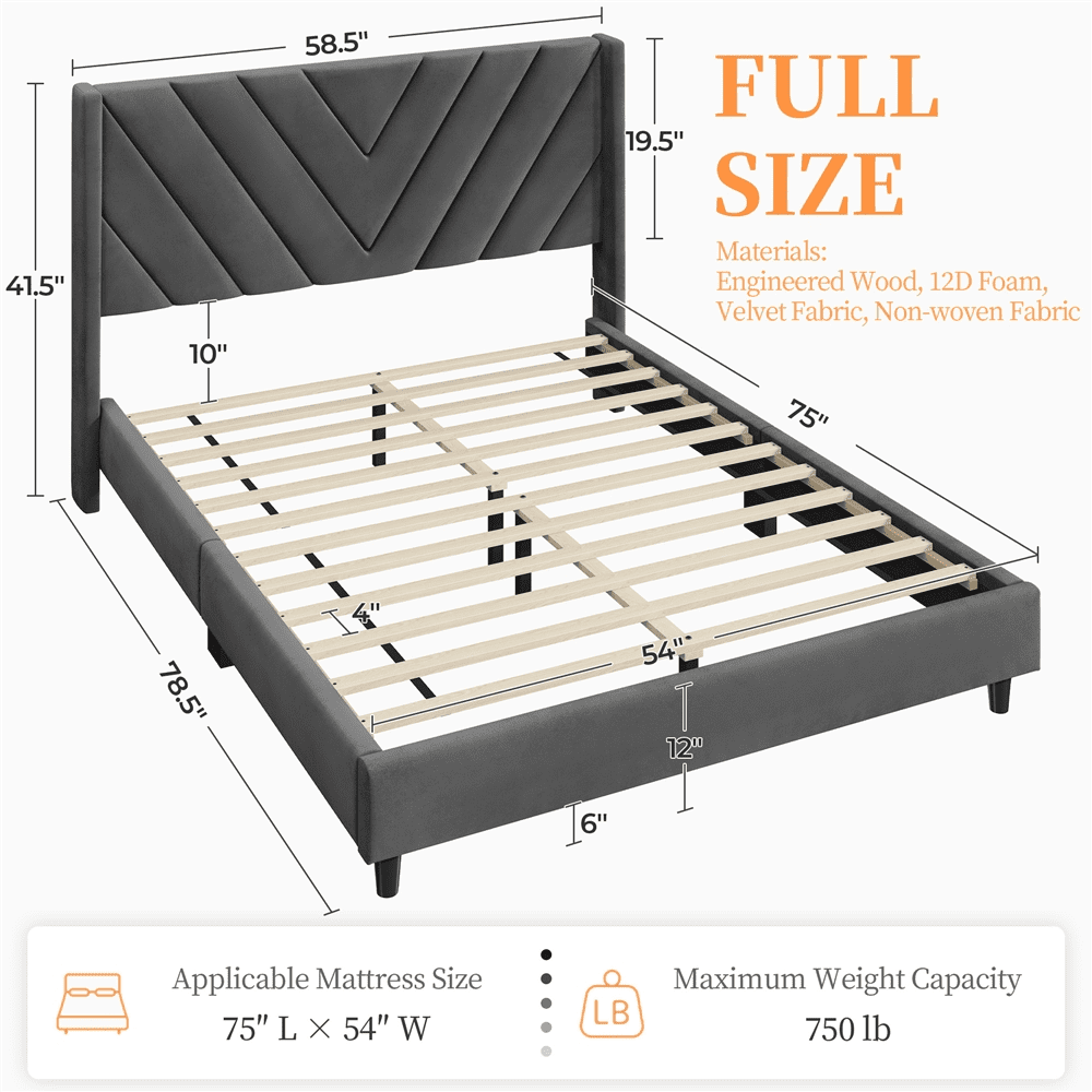 Renwick Upholstered Platform Full Size Bed with Slat Support for Adults, Dark Gray