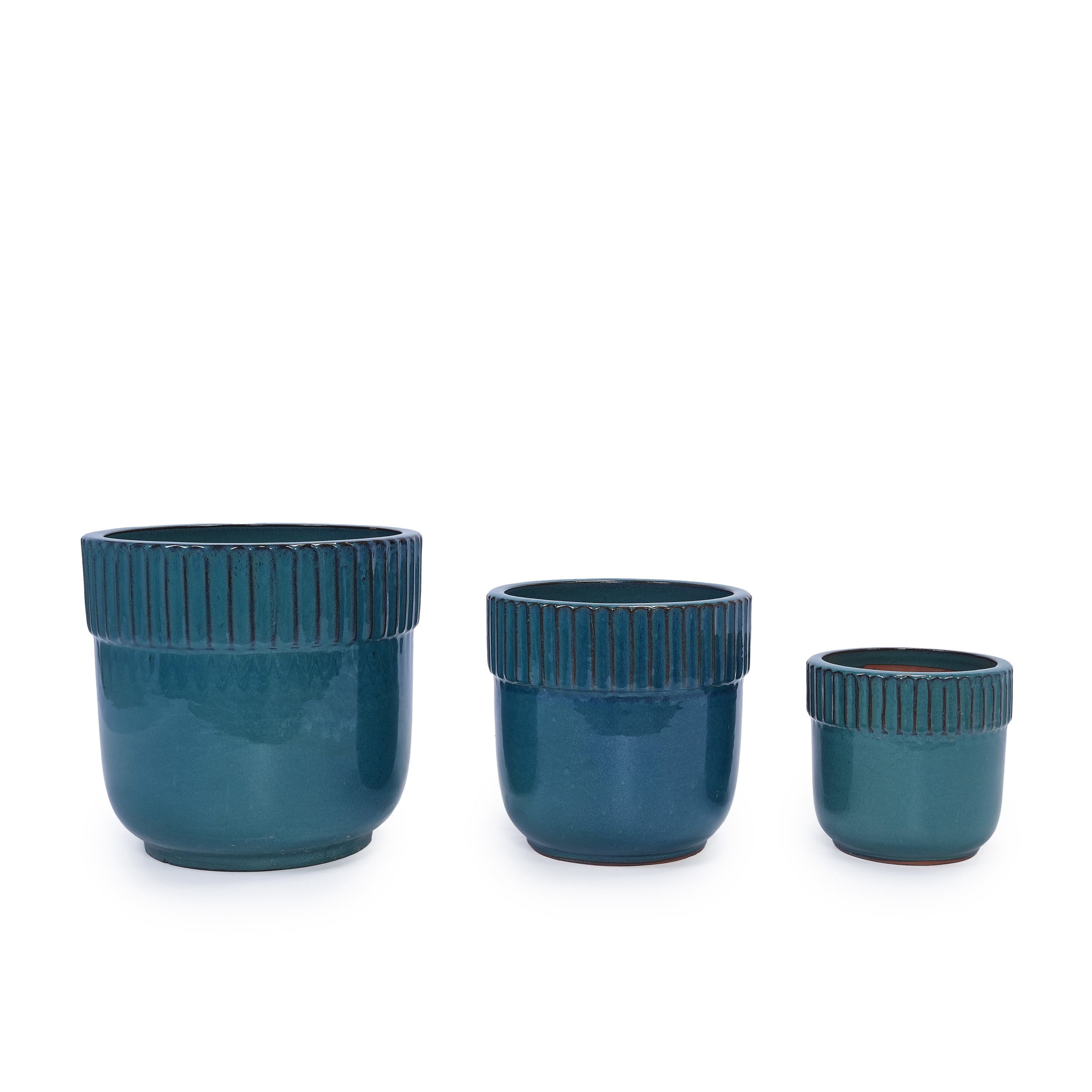 Noble House Kathleen Ceramic Flowerpot Set, Glossy Finish with Drainage for Versatile Planting, Set of 3, Antique Blue