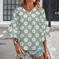 thumbnail image 3 of White Cartoon Flowers Women's V-Neck Blouse With 3/4 Ruffled Bell Sleeves Casual Top Ladies Blouses, 3 of 7
