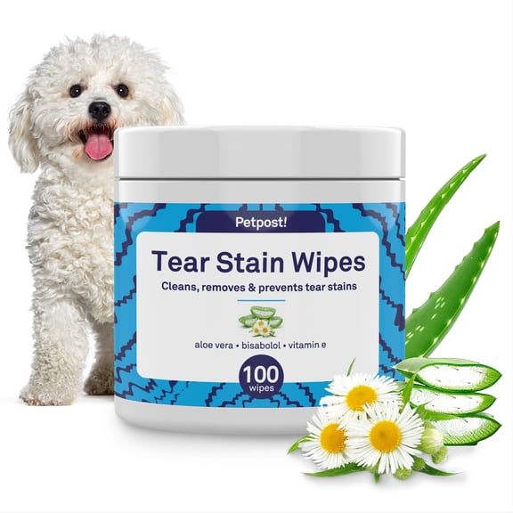 Petpost Tear Stain Remover Wipes - 100 Pre-Soaked Cotton Pads - Gentle Eye Crust Cleanser for White Fur Dogs & Cats - Chemical & Bleach Free