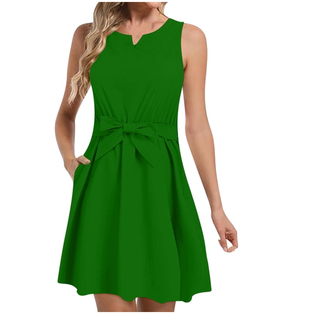 AherBiu Robe pour Femmes 2024 Élégante Tendance Sans Manches Débardeur Robe Midi Fluide Froncée Longueur Genou Robe d'Été