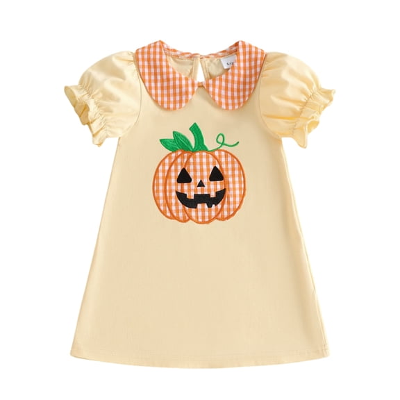 RUINIXCW Kids Toddler Baby Girl Halloween Dress Outfit Toddler Girls Summer Fall Dress Clothes Pumpkin Embroidery Doll Collar Puff Short Sleeve Dress