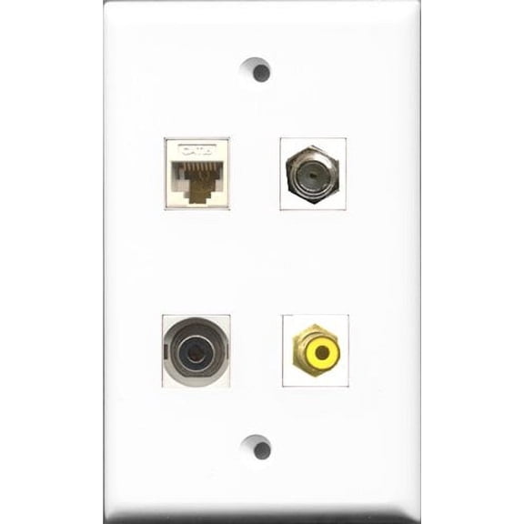 RiteAV 1 Port RCA Yellow and 1 Port Coax Cable TV- F-Type and 1 Port 3.5mm and 1 Port Cat6 Ethernet White Wall Plate