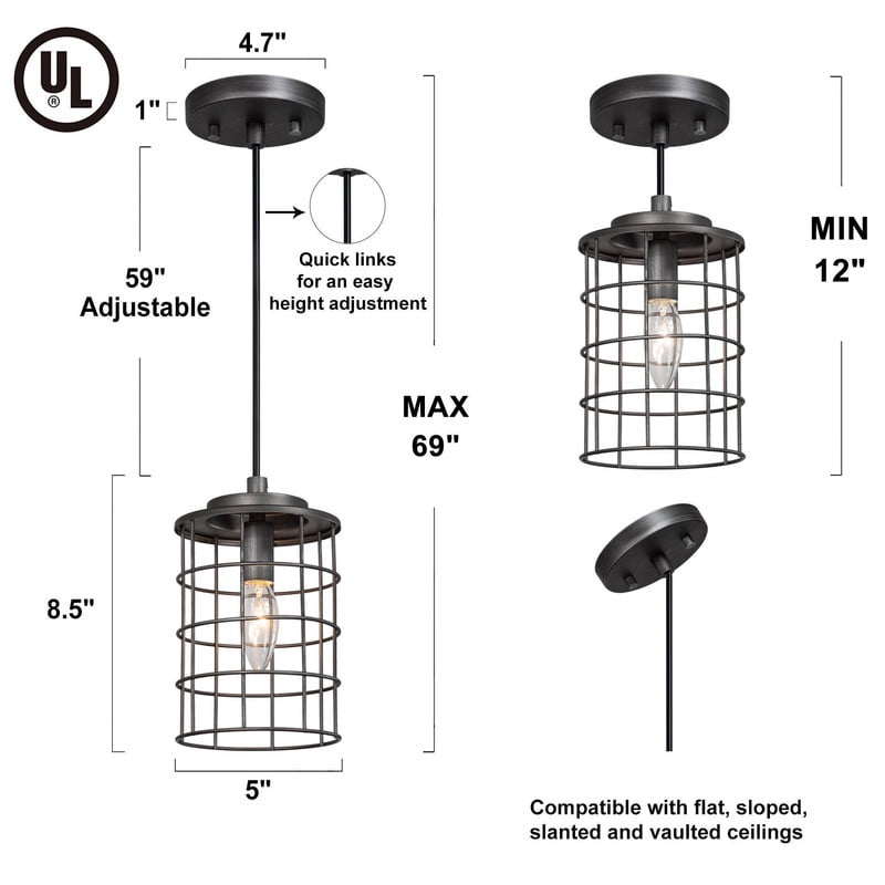 LNC Prosody Industrial Cage Pendant Light in Brushed Silver, Adjustable Hanging Fixture