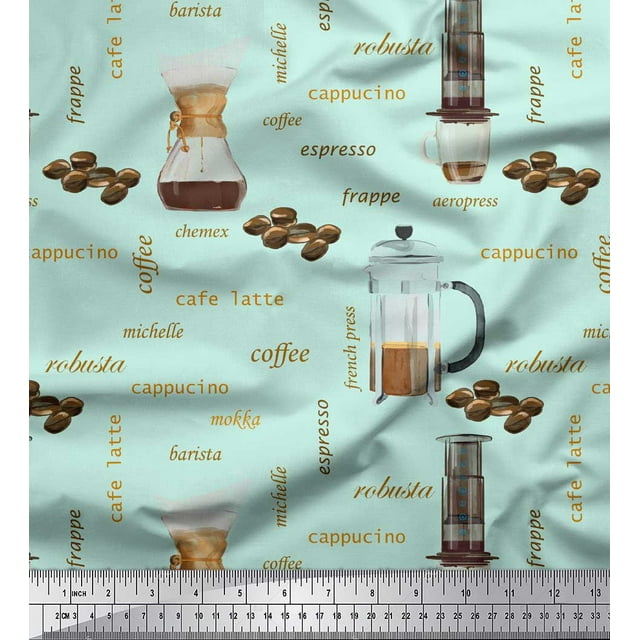 Soimoi Green Georgette Viscose Fabric Text & Coffee Maker Kitchen Print Fabric by Yard 42 Inch Wide