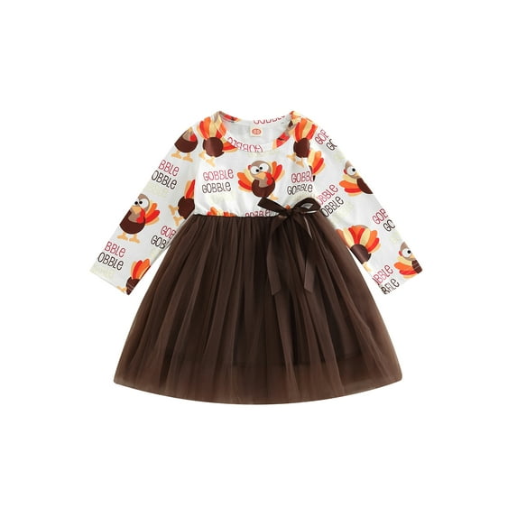 Toddler Girl Thanksgiving Dress, Cartoon Turkey Letter Print Long Sleeve Round Neck Tulle A-Line Dress