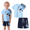thumbnail image 2 of HILEELANG Toddler Dino Themed Cotton Short Sets - Blue Dinosaur Tee with Plaid Shorts for 18M-8Years, 2 of 8