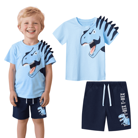 HILEELANG Toddler Dino Themed Cotton Short Sets - Blue Dinosaur Tee with Plaid Shorts for 18M-8Years