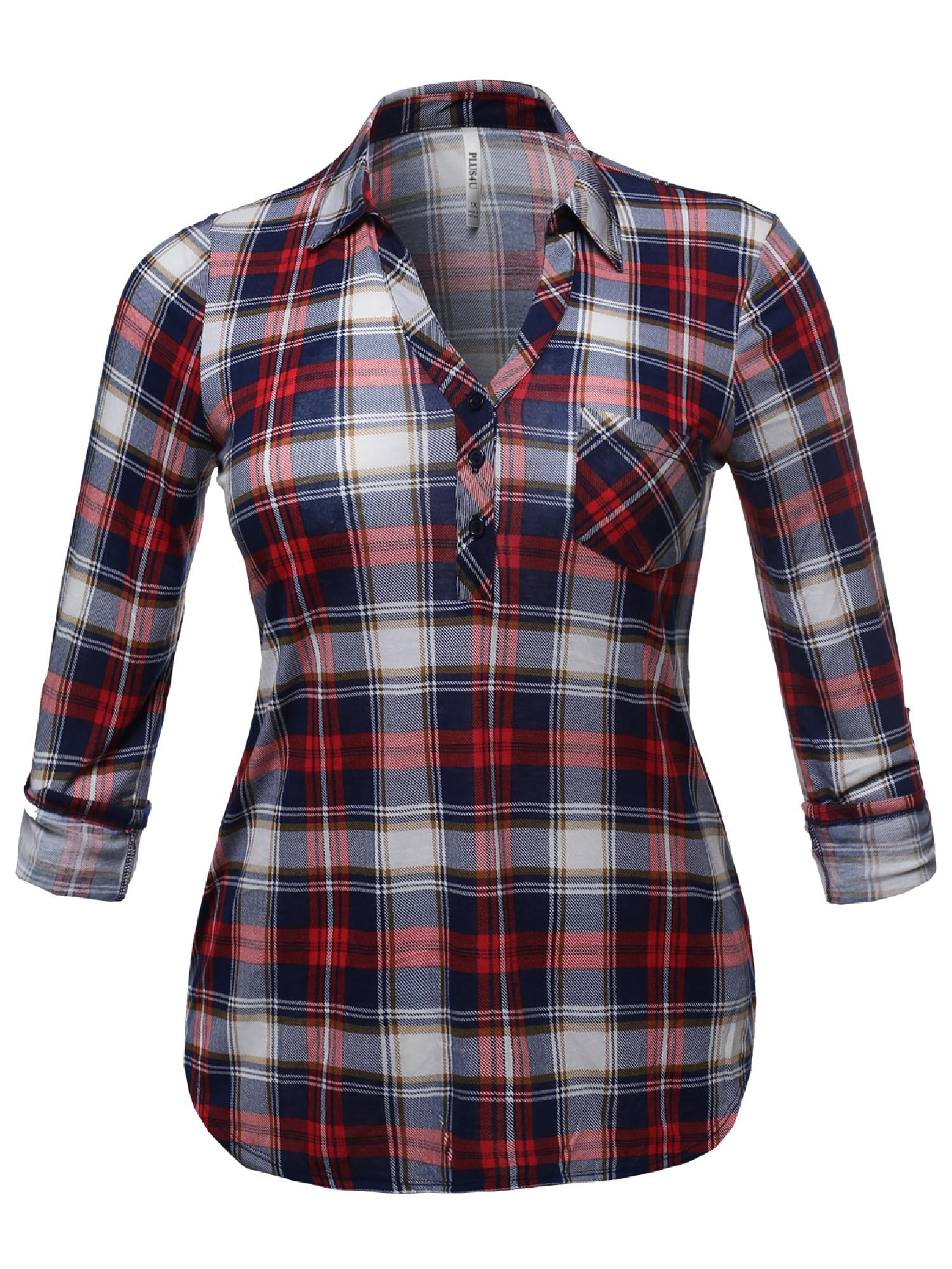 Girls 3/4 Roll Tab Sleeve Plaid Shirt 2-Pockets Button-Up 100% Cotton XS S L XL 