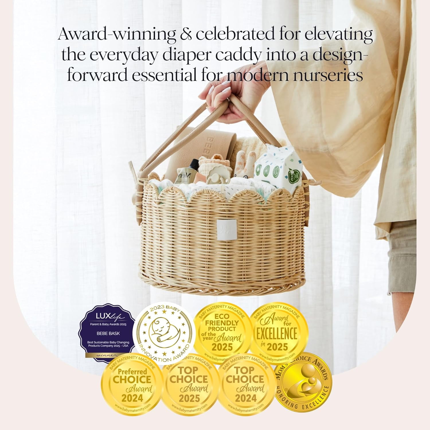 Premium  Diaper Caddy Organizer - Handmade & Award-Winning Scalloped Rattan Basket