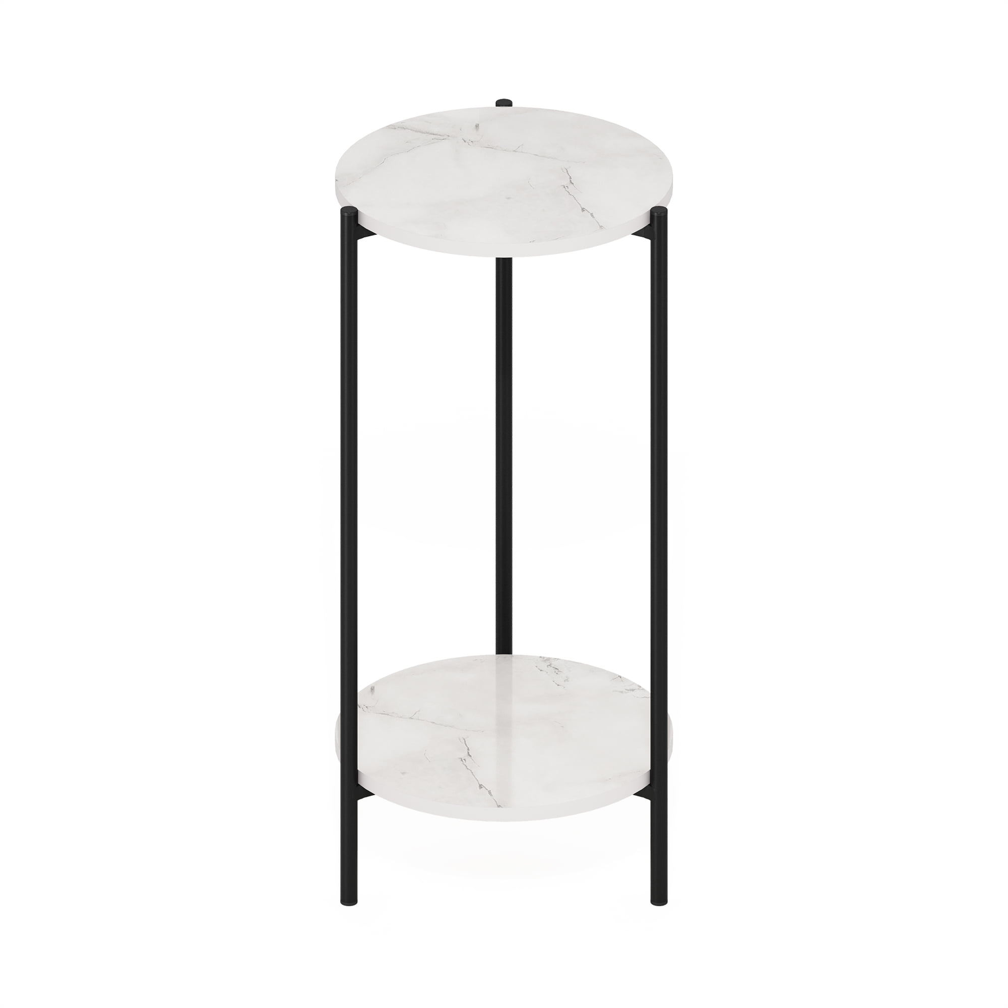 Furinno Besi 2-Tier Modern Tall Round Side End Table with Sturdy Metal Legs, Marble White