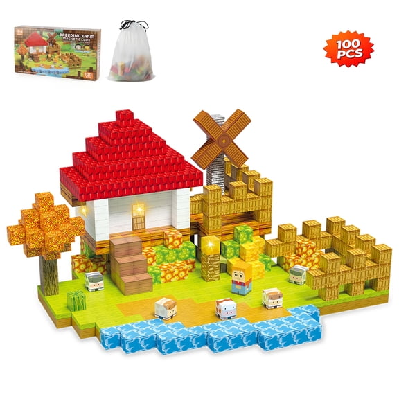 Kuzcoce 100 Piece Magnetic Cube Building Blocks for Kids Ages 3 ，Magnetic Tiles with 28 Unique Pieces & 4 Light-Up Blocks, STEM Creative Toy, Educational Birthday Gift for Boys and Girls