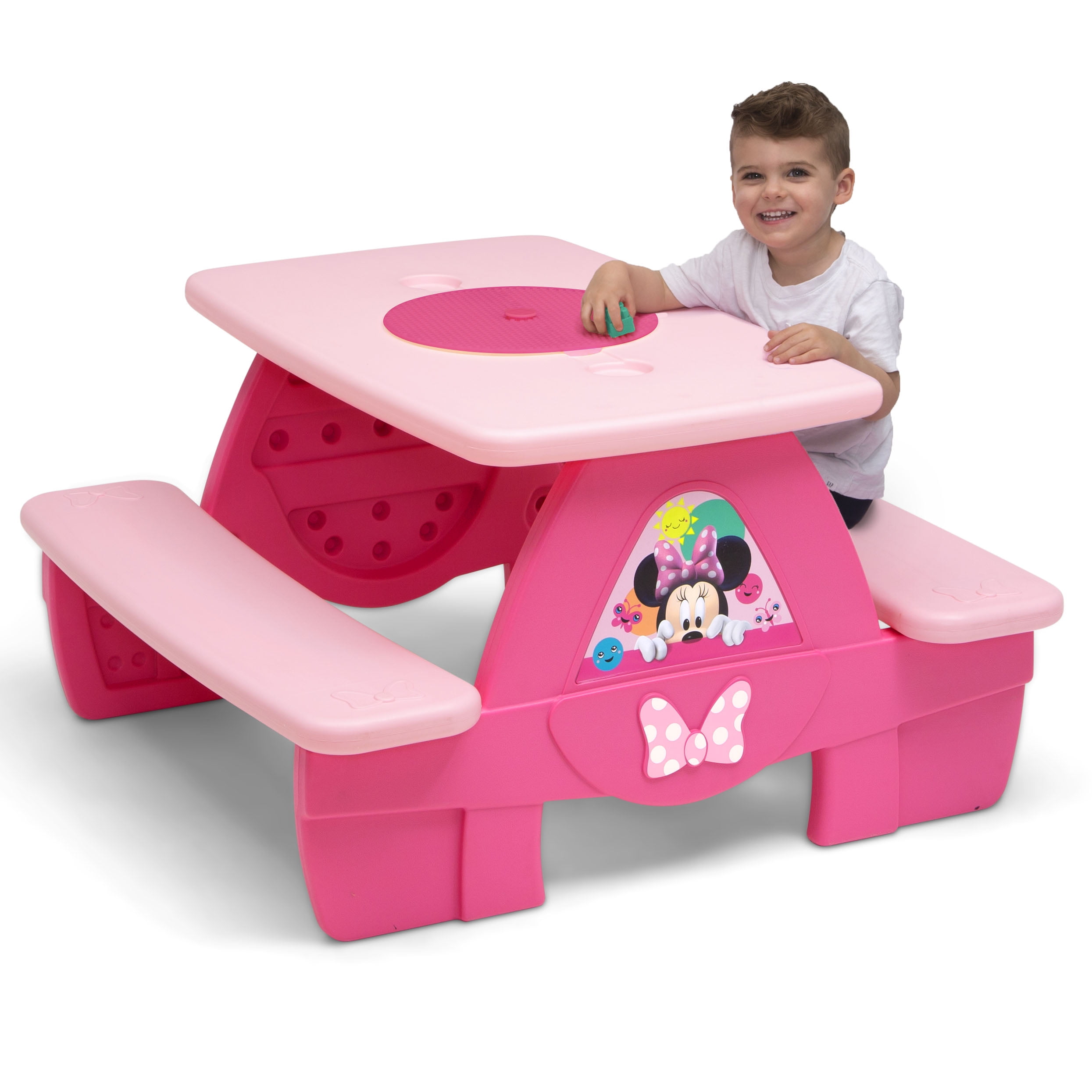Disney Minnie Mouse 4 Seat Activity Picnic Table with Board for Building Blocks and Built-In Cupholders by Delta Children