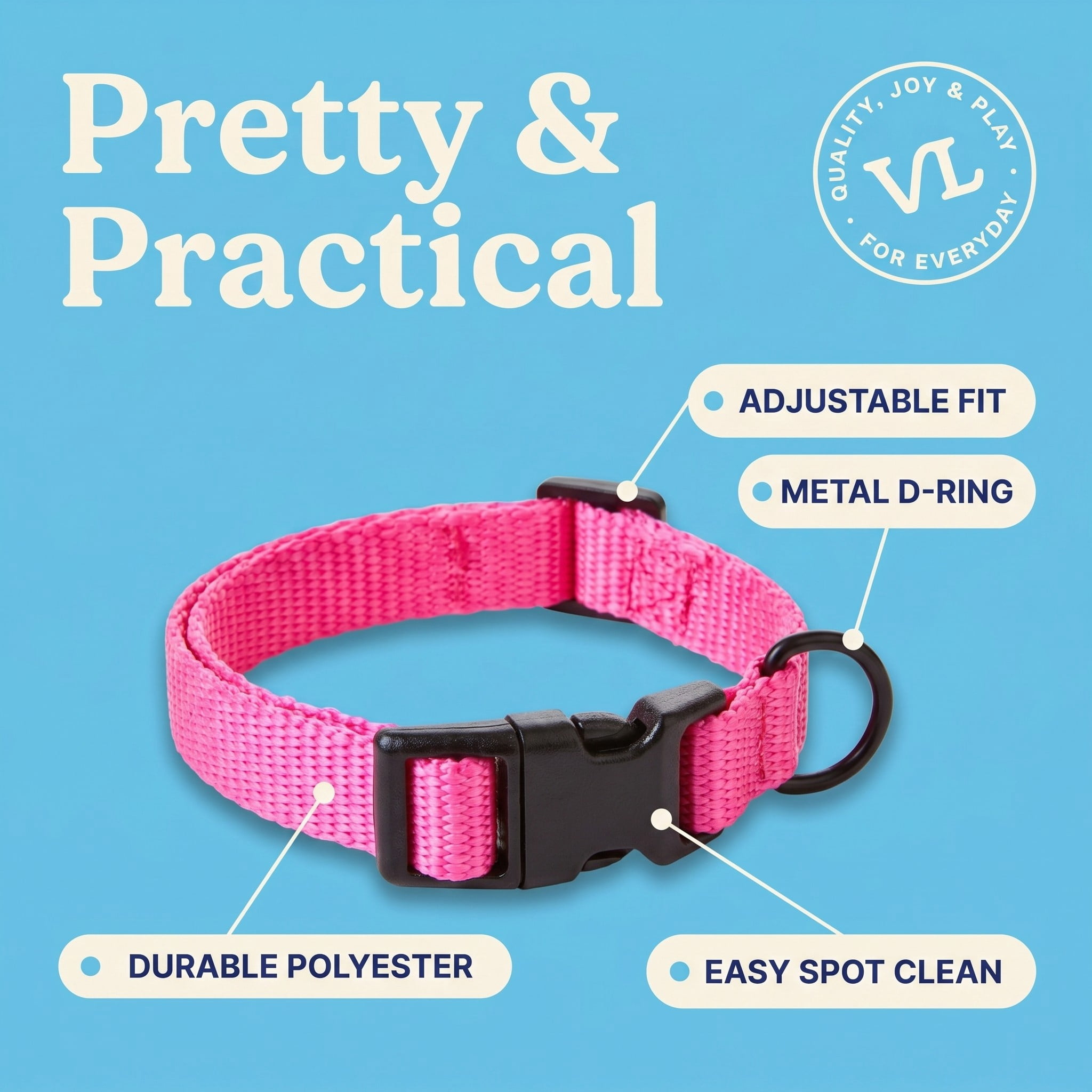 (6 pack) Vibrant Life Solid Polyester Adjustable Dog Collar, Pink, XS