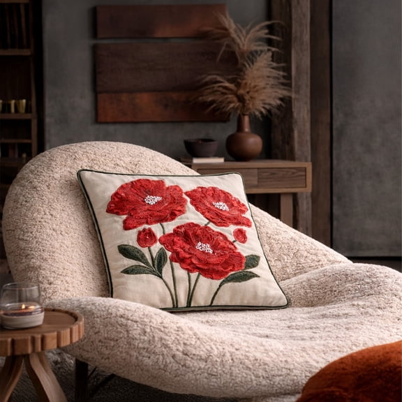 Botanic Charm Crimson Ember Hand Embroidered Pillow Cover