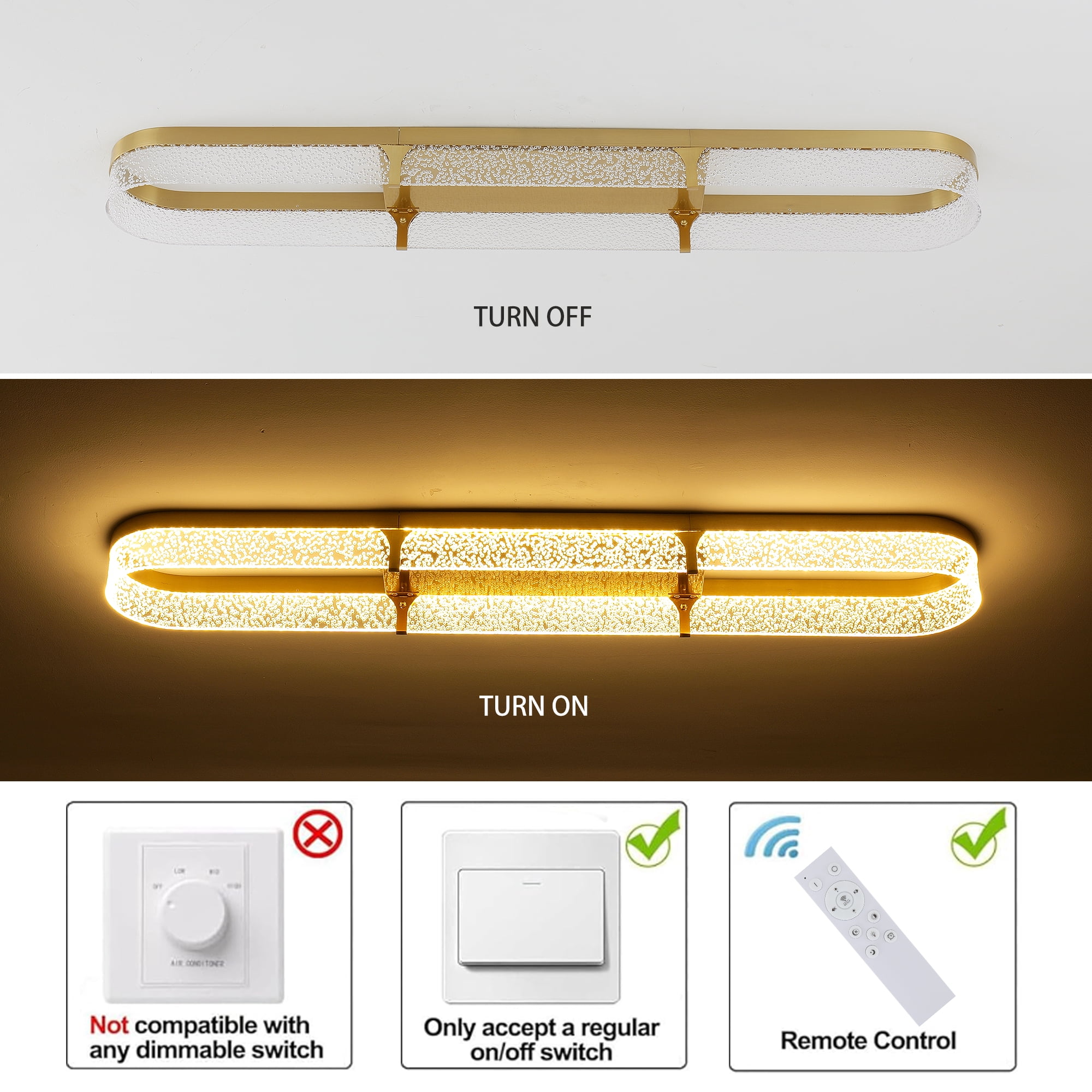 Garwarm 43.31 in. 48W Gold Modern LED Ceiling Light, Dimmable Rectangular Flush Mount Ceiling Light with Remote Control, Black Bubble Light Fixture for Bedroom Kitchen