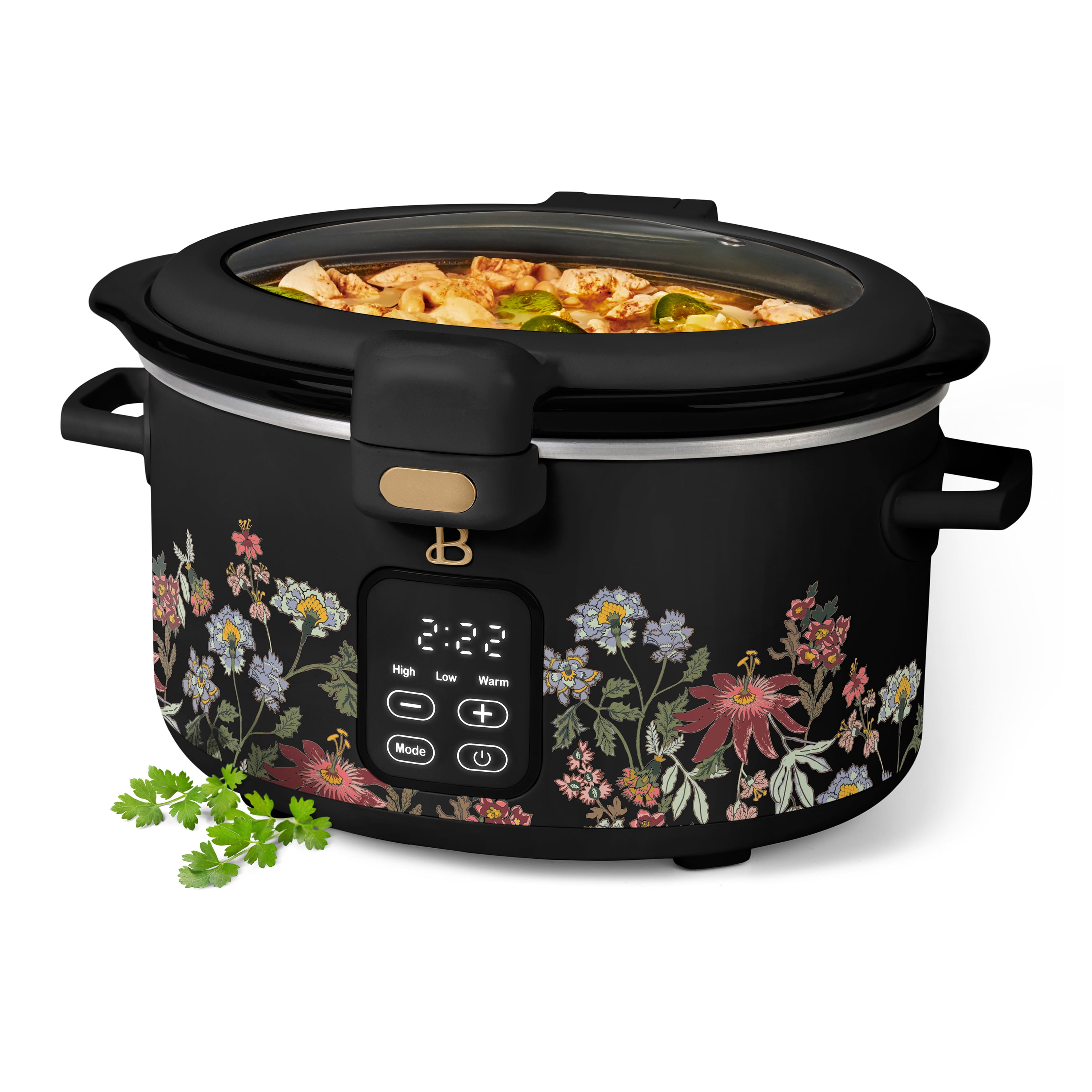 Beautiful 4 Qt Digital Slow Cooker with Hinged Locking Lid, Wildflower Black by Drew Barrymore
