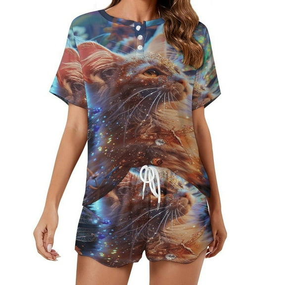 Crystal Cat Pajamas Set Womens Loungewear Sleepwear 2 Piece PJ Sets