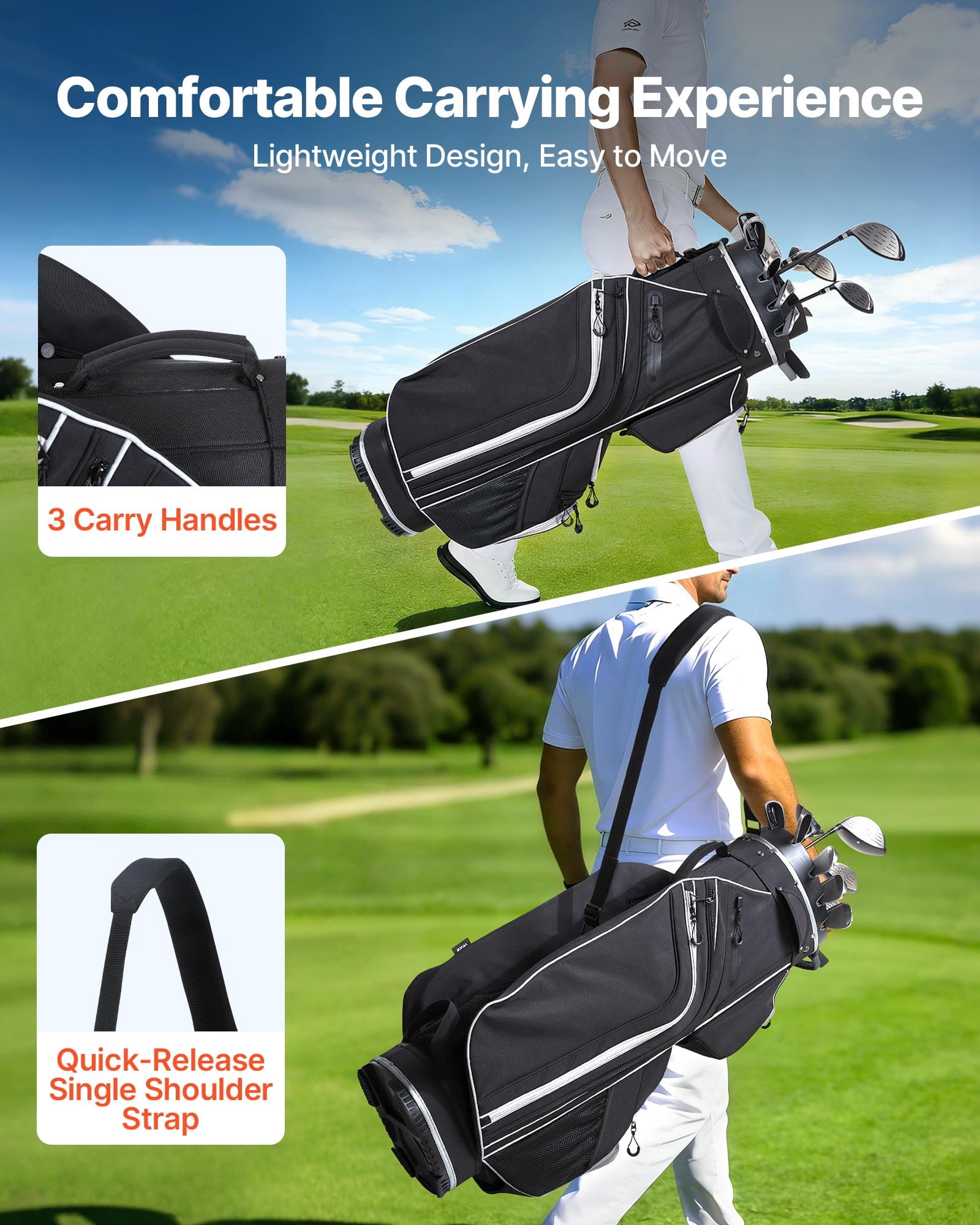 VEVOR Golf Cart Bag, 14 Way Top Divider Organizer, Golf Club Bag with Full-length Divider, Storage Pockets, Shoulder Strap, Rain Hood, Smooth Zippers, High-Strength 900D Polyester for Men & Women