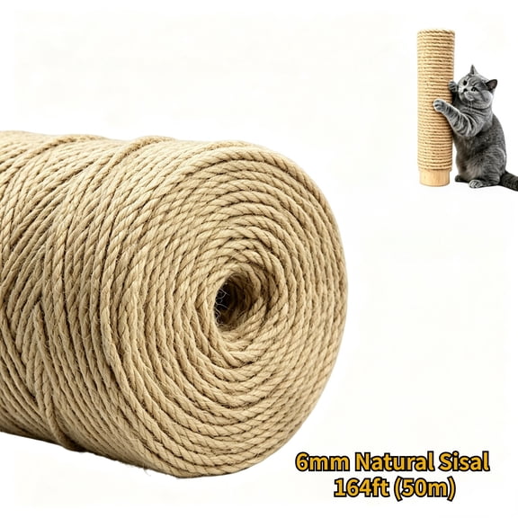 6mm by 164 Feet Natural Sisal Rope for Cat Scratcher, Heavy Duty Cat Tree Replacement Rope, Durable Hemp Twine for Scratching Post Repair, DIY Cat Furniture & Crafts