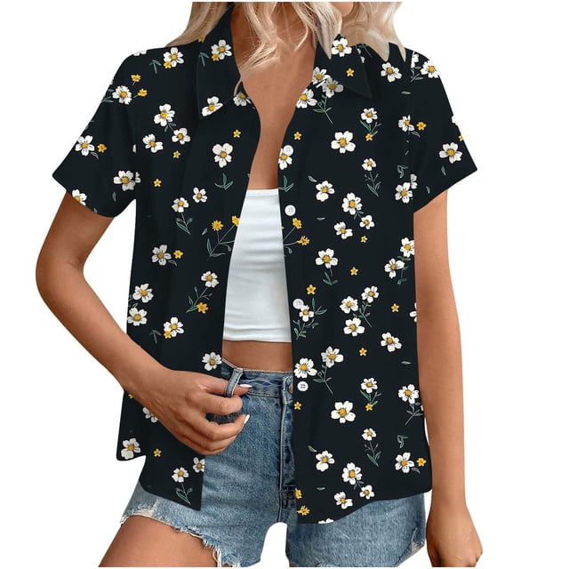 Tops de Manga Corta de las Mujeres Nuevo Solapa Casual Impreso Botón Arriba, Moda Poliéster Spandex Superior