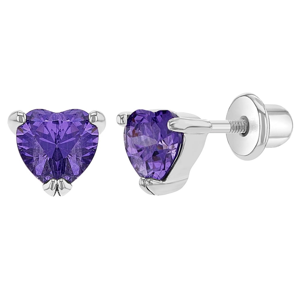 Details about   Rhodium Plated February Purple Crystal Heart Screw Back Earrings Teens Girls 7mm 