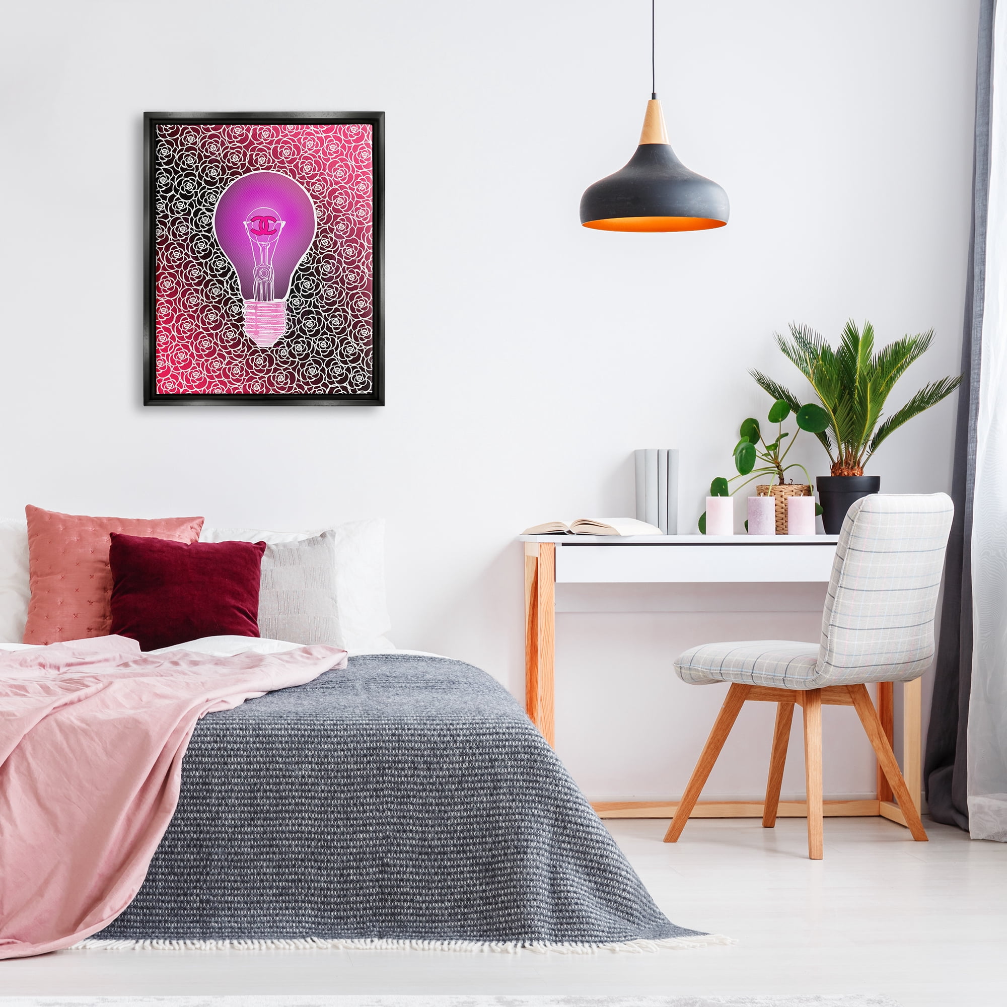 Stupell Industries Glam Brand Lightbulb Pattern Beauty & Fashion Painting Black Floater Framed Canvas Art Print Wall Art, 25 x 31