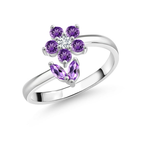 Gem Stone King 925 Sterling Silver Purple Amethyst and White Lab Grown Diamond Flower Open Ring for Women (0.53 Cttw, Gemstone February Birthstone, Size 9)