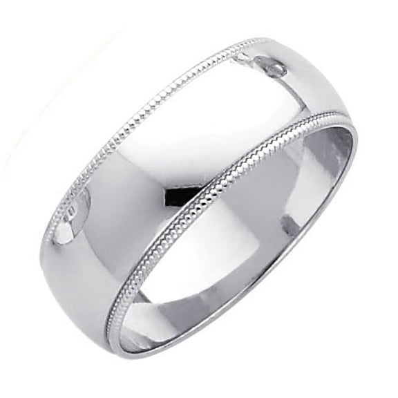 14k White Gold Band Wedding Ring Plain Milgrain Dome Heavy Polished Finish, 7 mm Size 5