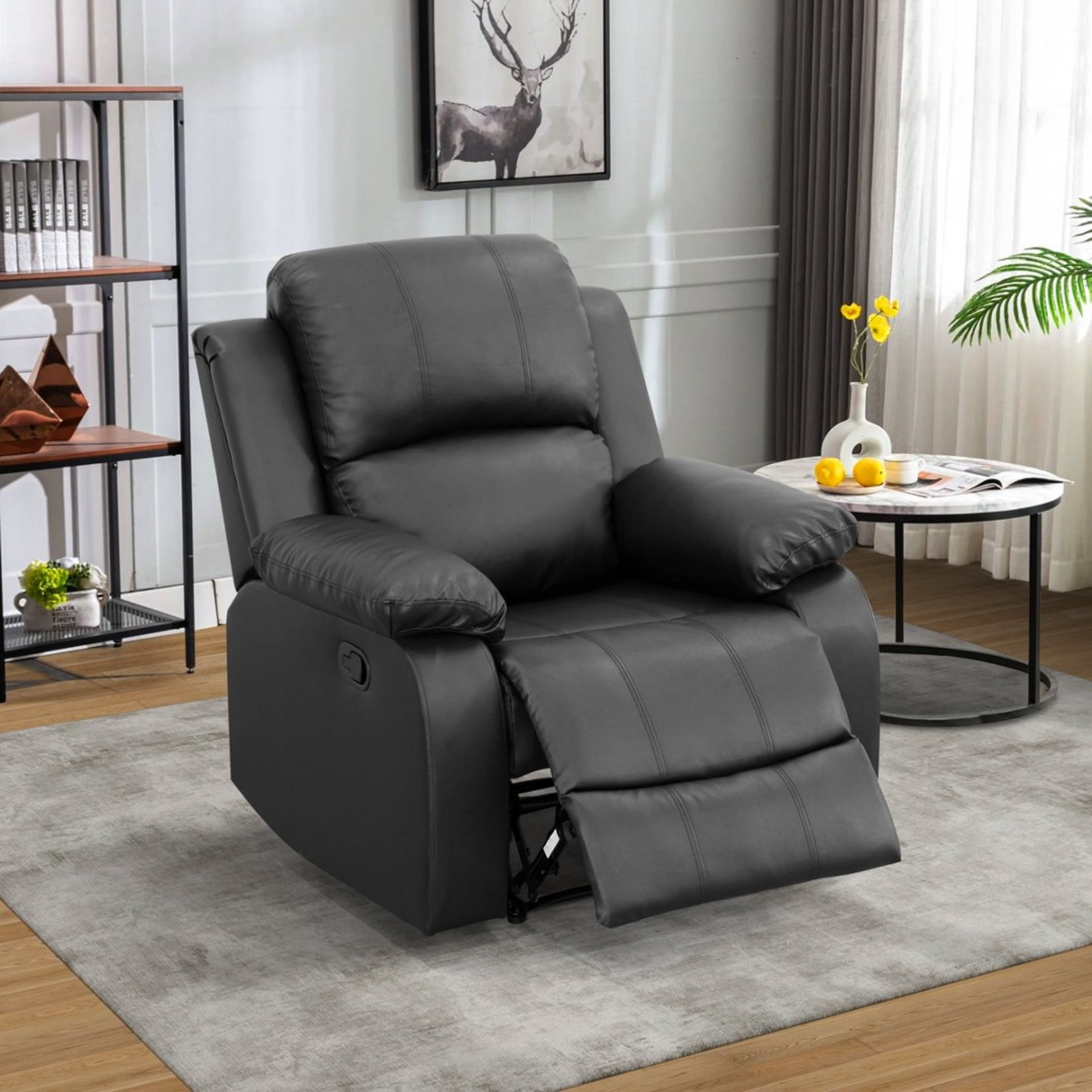 BSHTI PU Manual Recliner Chair – Single Sofa Recliner with Adjustable Backrest, High-Density Foam, Hardwood Frame, Comfort Lazy Chair for Living Room, Bedroom, Black
