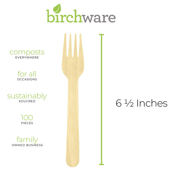 Birchware Compostable Wooden Disposable Forks, 100 Count