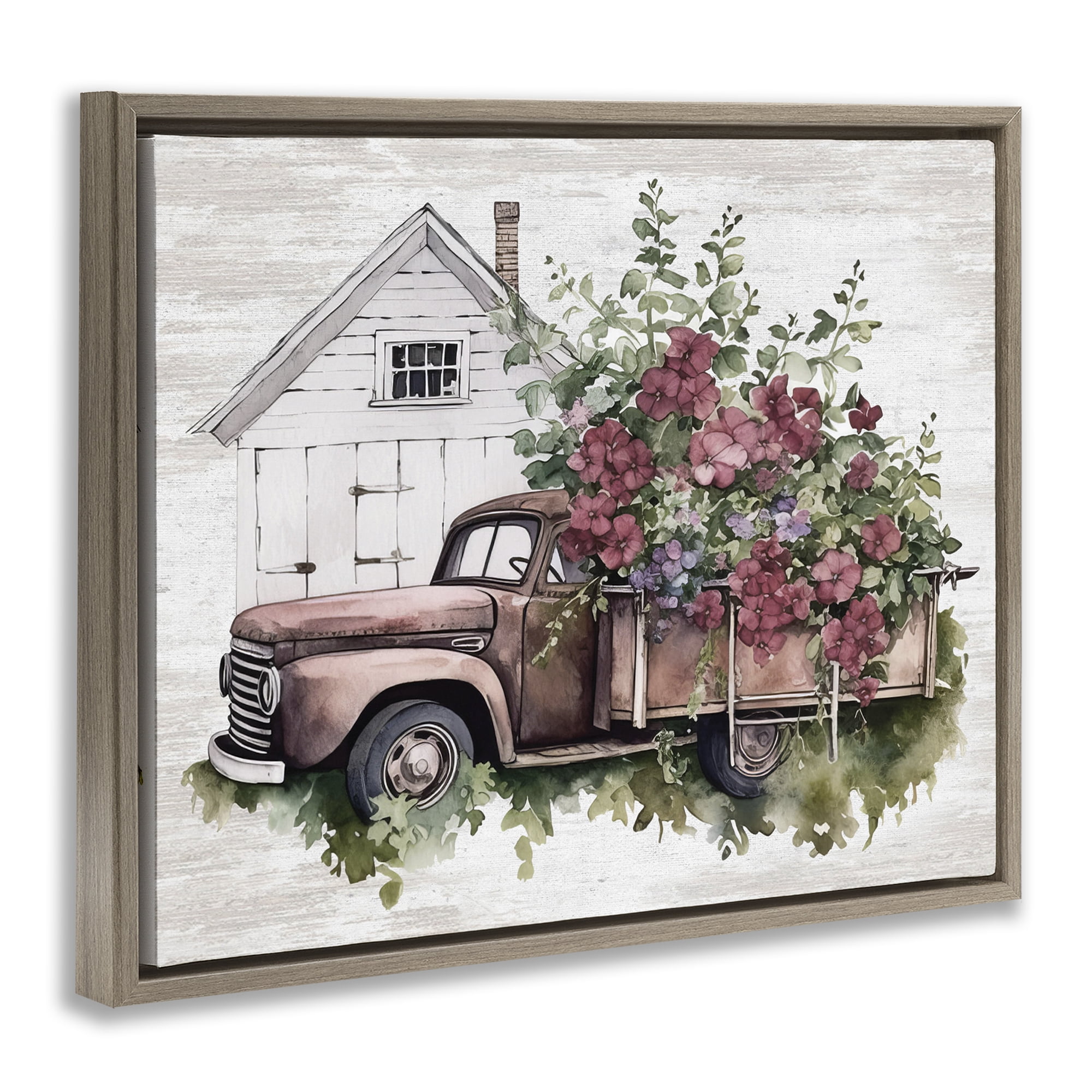 Stupell Industries Burgundy Flowers Truck Transportation Painting Brown Floater Framed Canvas Art Print Wall Art, 31 x 25