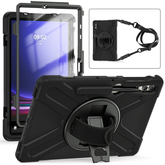 Allytechgroup Case for Samsung Galaxy Tab S10 Plus 2024/ S9 FE Plus/ S9 Plus 12.4" 2023, Build In Screen Protector Heavy Duty Shockproof Shoulder Strap Ratating Stand Cover with S Pen Holder,Black