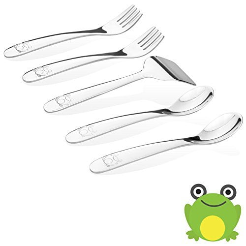 Juego de utensilios para bebés Kiddobloom de acero inoxidable con forma de rana, 5 piezas