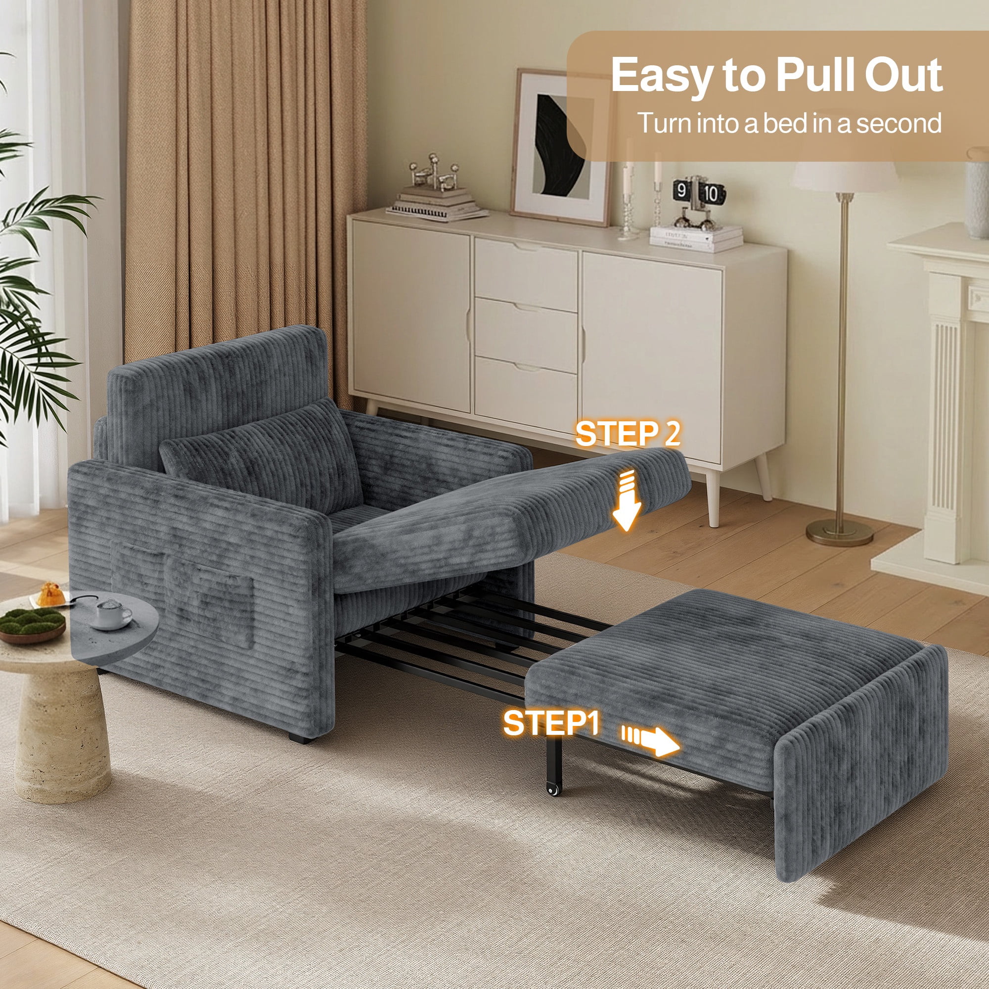 Noelse 3-in-1 Sleeper Chair Bed, Convertible Sofa Bed with Pull-Out Recliner, Corduroy Fabric Accent Chair, Dark Gray
