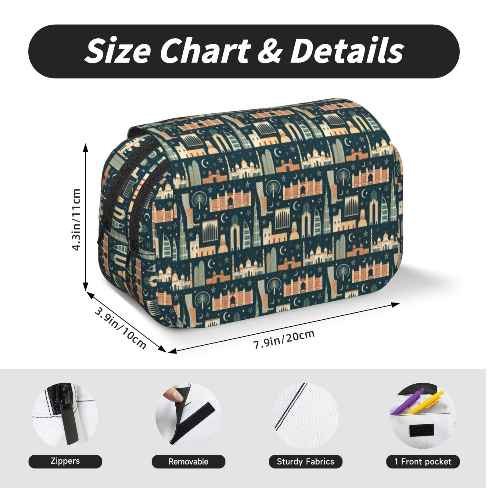 Rateoe UAE Travel1 1 Pattern Double Clamshell Pen Case, Storage Organizer with Two Zipper Compartments– Holds Up to 50 Pencils & Pens