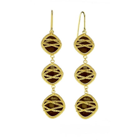 5th & Main 18kt Gold over Sterling Silver Hand-Wrapped Triple-Drop Squared Smokey Quartz Stone Earrings