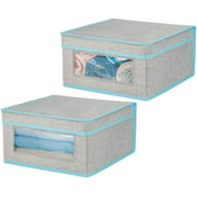 Soft Stackable Fabric Closet Storage Organizer Holder Bin with Clear Window, Attached Lid - for Bedroom, Hallway, Entryway, Bathroom - Textured Print - Medium, 2 Pack - Gray/Teal Blue