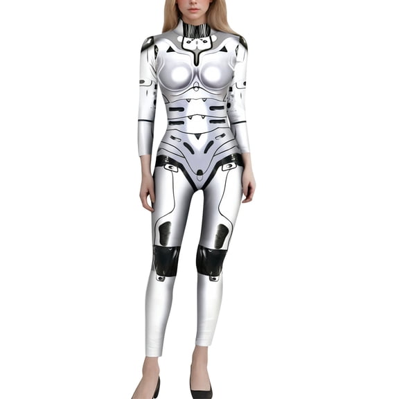 HXWCHs Women's Futuristic Skeleton Robot Graphic Full Body Jumpsuit Halloween with 3D Print Design and Back Zipper XXXXL Light Gray