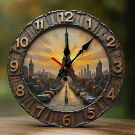 Wall Clock Decorative - Vintage Sunset Eiffel Tower Print 2D Vintage Wall Clocks Battery Operated Silent Non-Ticking for Bedroom, Living Room, Kitchen, Office, Classroom, 10 Inch