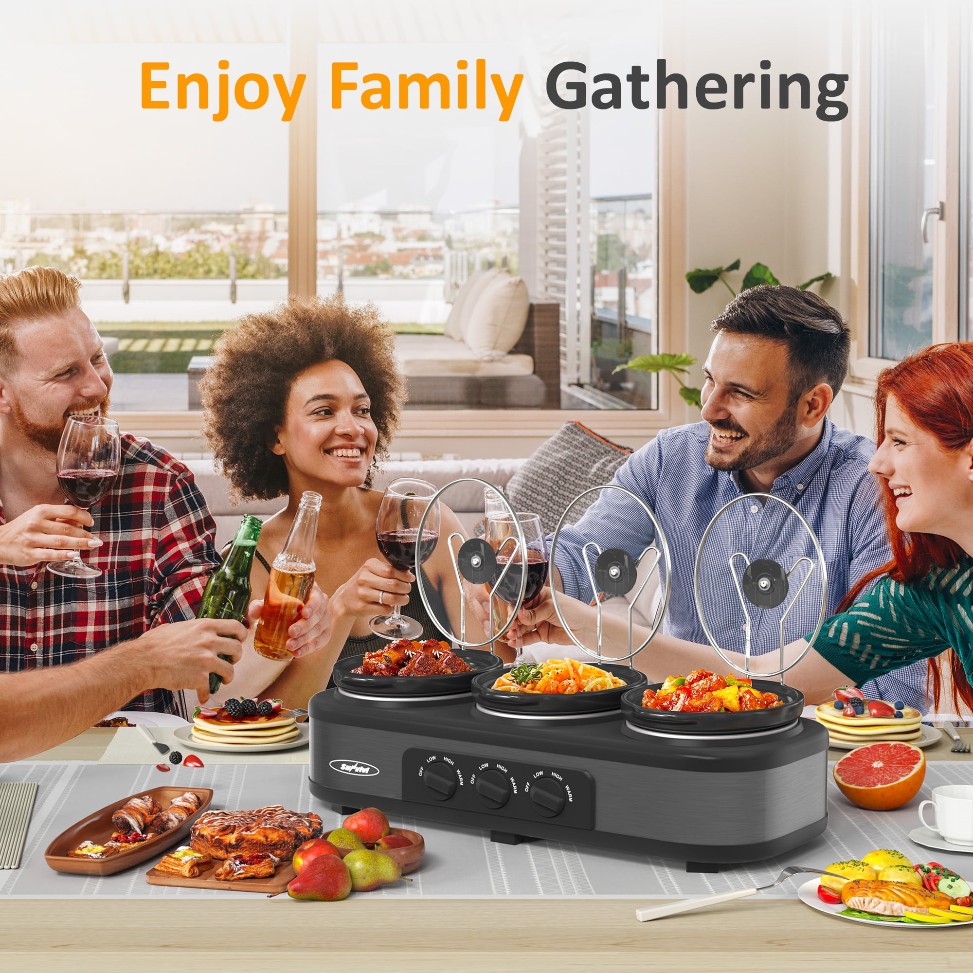 Sunvivi 3-in-1 Crock Pot Slow Cooker, 4.5QT Buffet Server and Food Warmer with 3 Removable Ceramic Pots, Crockpot with 3 Spoons and Lid Rests for Parties, Picnics, Grey