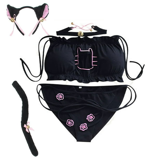 Conjunto de lenceria para mujer Gatito Ojo de cerradura Lindo traje sexy Oreja de gato Aro de pelo Cola de gato Negro