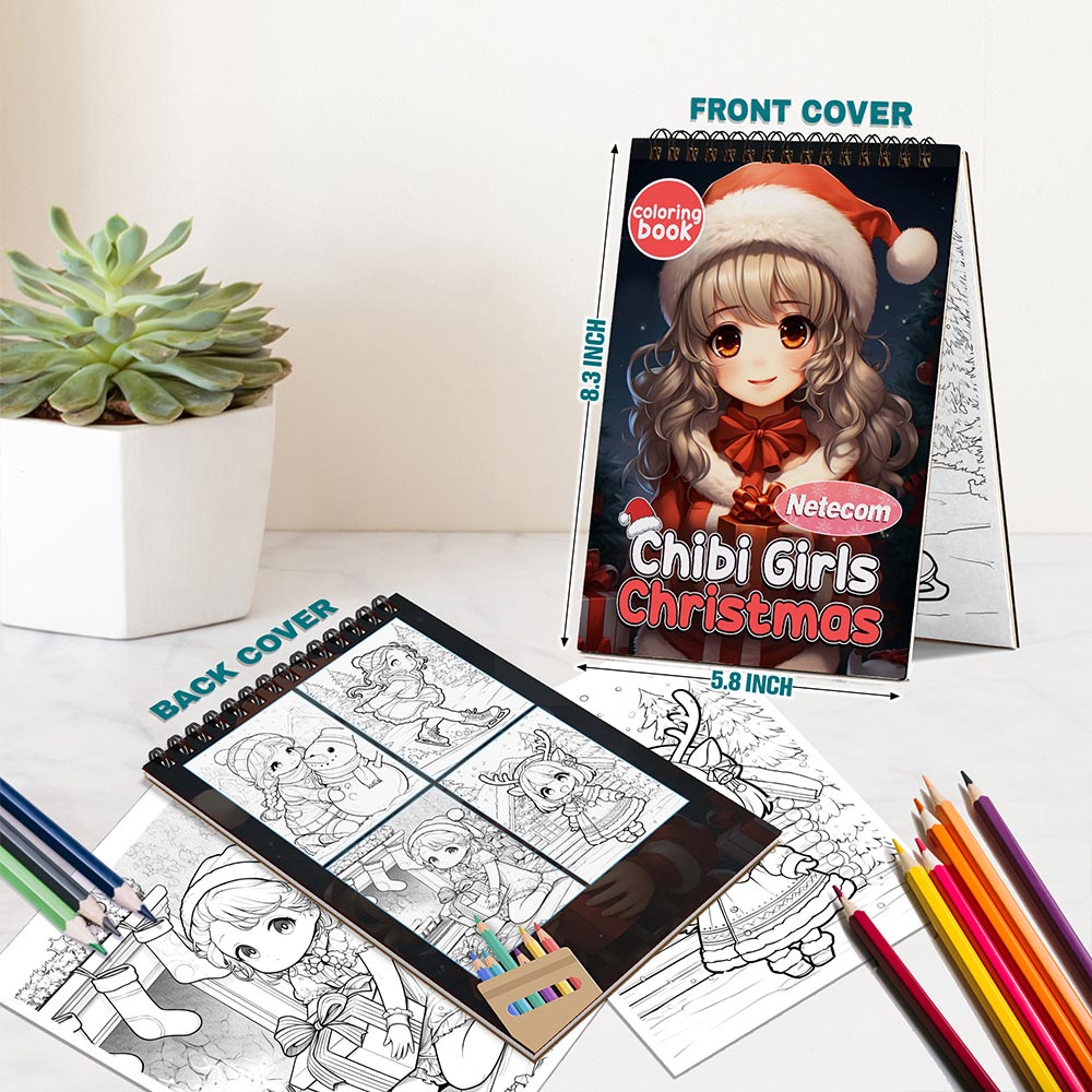Netecom Chibi Girls Christmas Coloring Book Spiral Bound for Adults, A5 Wooden Cover, 30 Beautiful Coloring Pages of Kawaii Girls in Holiday Season for Stress Relief and Relaxation