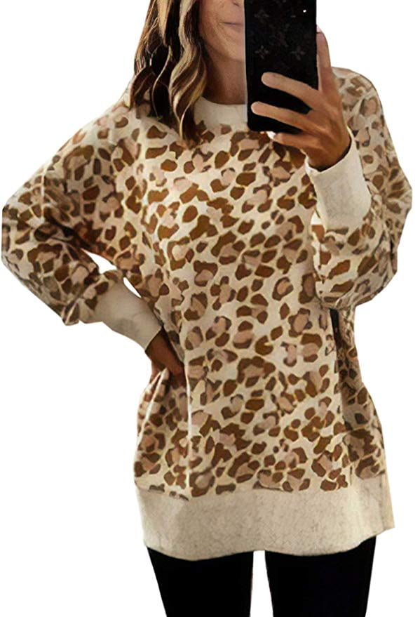 WWWOO - Women's Casual Leopard Print Crewneck Long Sleeve Pullover ...