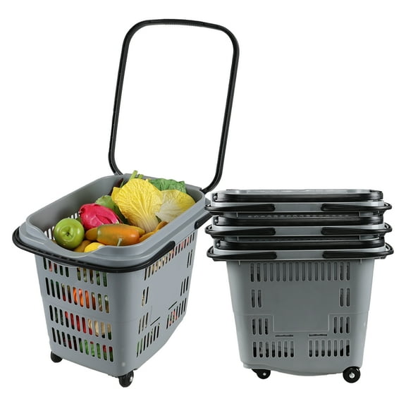 DynkoNA 50 Liter Plastic Rolling Grocery Shopping Carts, 4 Pack Portable Shopping Basket with 4 Wheels, Gray