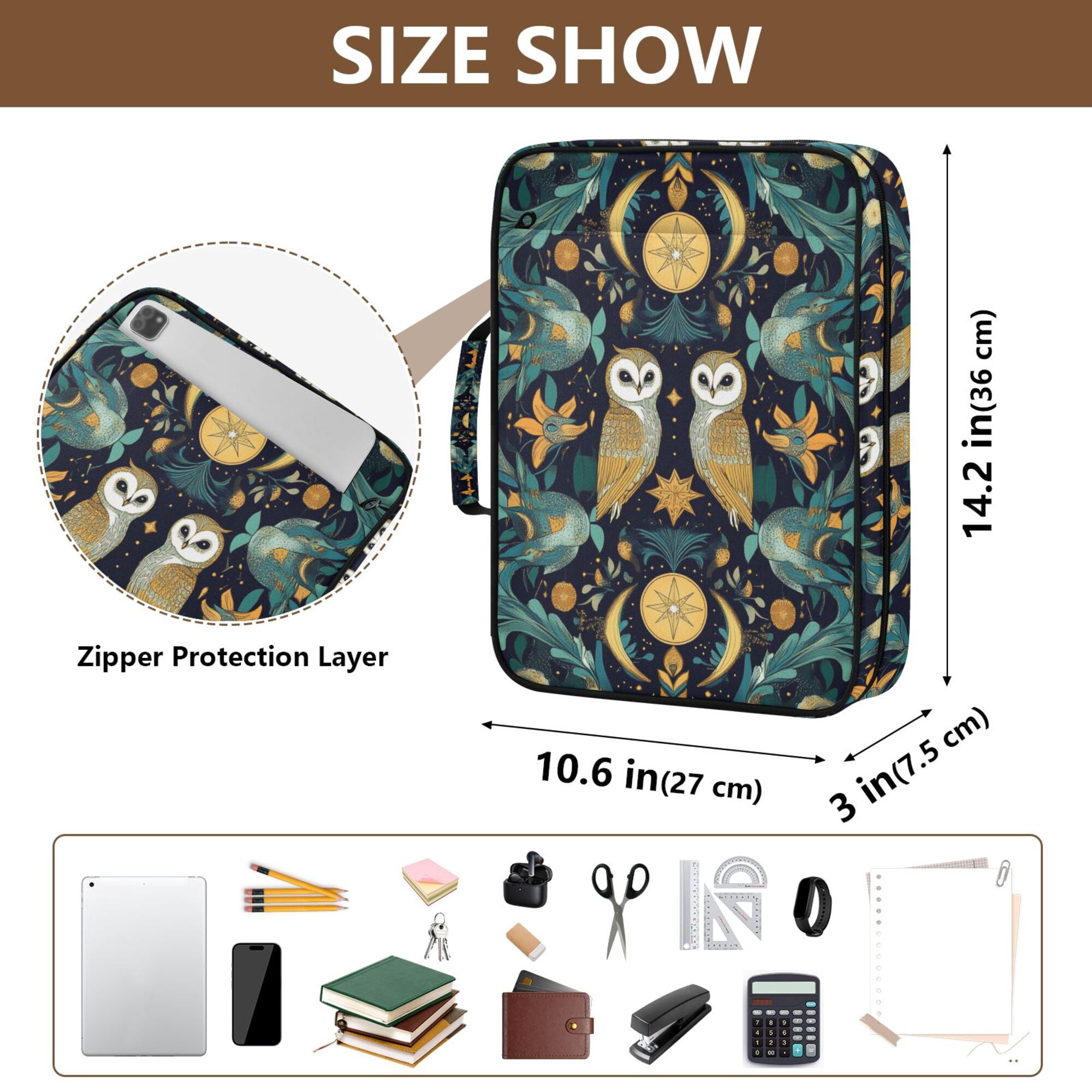 FORMRS Accordion File Folder A4 Size 7-Pocket Expanding Document Organizer Bag with 3 Ring Binder, Brown Mystical Owls
